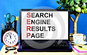 Search engine results page, SERP. The inscription on the computer monitor screen.