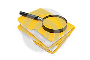 Search Files Concept. Magnifying Glass over File Folders. 3d Rendering