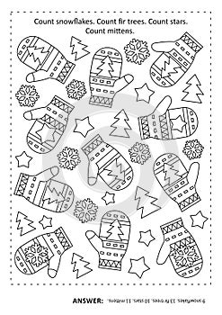 Search, find, count, color game, puzzle or activity: Count mittens. Count stars. Count fir trees. Count snowflakes. Answer include