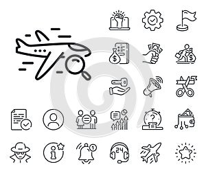 Search flight line icon. Find travel sign. Salaryman, gender equality and alert bell. Vector