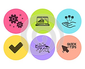 Search flight, Tick and Consolidation icons set. Work, Graph laptop and Quick tips signs. Vector