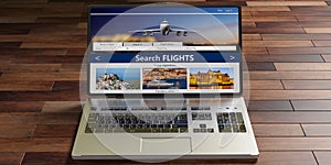 Search flights on a computer laptop screen, isolated on wooden floor, front view. 3d illustration
