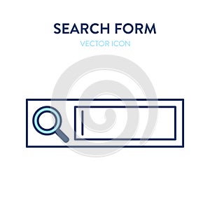 Search form icon. Vector illustration of a website search form with text field and magnifier tool icon. Represents concept of