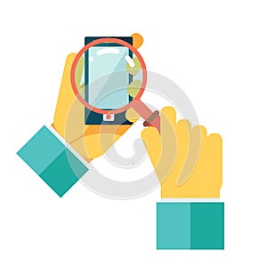 Search Hands Mobile Phone Magnifying Glass Worldwide Icon Flat Design Concept Vector Illustration