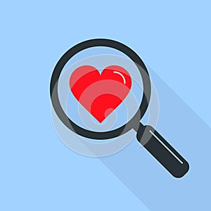 Search heart and love icon, vector flat illustration