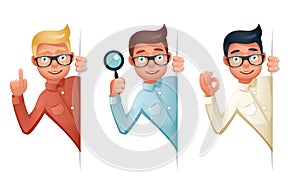 Search Help Looking Out Corner Cartoon Businessman Character Icon Magnifying Glass Symbol Retro Vintage Design Vector