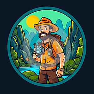 Search for hidden Geocaching treasures in nature. Online navigation, GPS and compass navigation. Cartoon vector illustration.