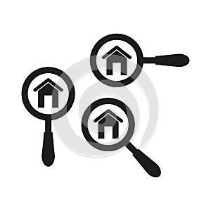 Search for home concept. Magnifying glass with house symbol. Vector real estate search icon.