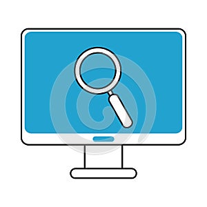 Search icon, computer screen magnifier blue line and fill
