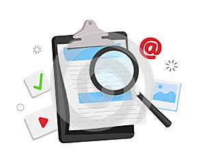 Search icon concept of media file management. Searching image and video files in database. Document
