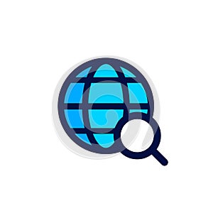 Search icon icon. planet. search magnifier on earth. location place on earth.