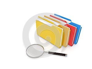 Search for information, folders and magnifying glass on a white background.