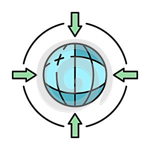 Search information in global internet cloud computer technology icon, online database outline flat vector illustration, isolated