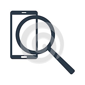 Search information in phone. Magnifier and phone icon. Vector illustration isolated on white background.