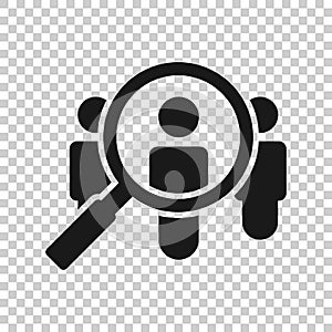 Search job vacancy icon in transparent style. Loupe career vector illustration on isolated background. Find people employer