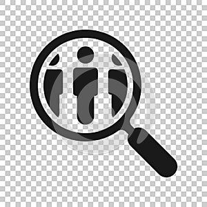 Search job vacancy icon in transparent style. Loupe career vector illustration on isolated background. Find people employer