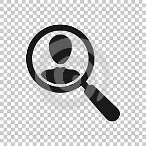 Search job vacancy icon in transparent style. Loupe career vector illustration on isolated background. Find vacancy business