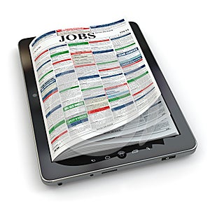 Search jobs on newspaper in tablet. Conceptual image.