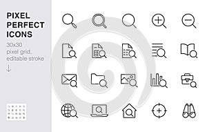 Search line icons set. Zoom, find document, magnify glass symbol, look tool, binoculars minimal vector illustrations