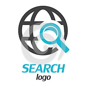 Search logo. Globe with magnifying glass. Vector illustration