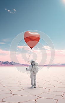 Search for love background. Astronaut holding a heart shaped balloon in the desert.