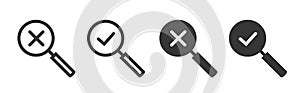 Search magnifier glass check mark icon vector simple graphic pictogram set, review verify pass tick and declined error cross