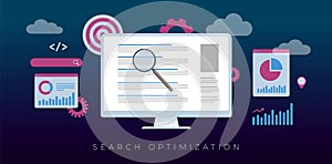 Search Optimization, SEO concept. A desktop pc with an open search page result Serp with sites ranked by relevance photo