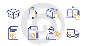 Search package, Skyscraper buildings and Technical documentation icons set. Vector