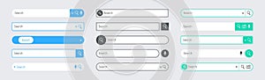 Search panel. Internet search bar web icons. Simple browser and web site user interface elements. Vector navigation bar