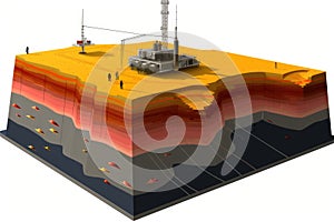 Search for places for oil production. A cross section of the earth. Oil production. Layers of soil. 3d illustration