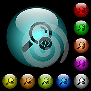 Search programming code icons in color illuminated glass buttons