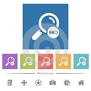 Search in progress flat white icons in square backgrounds