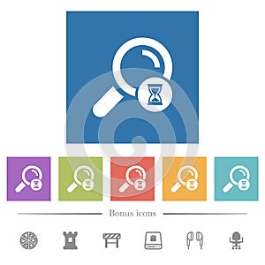 Search in progress flat white icons in square backgrounds