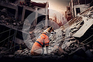 Search and rescue dog on earthquake rubble. Generative ai