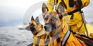 Search and rescue dogs on a boat sail with a team on a mission. Banner with copy space