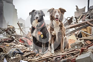 search and rescue dogs sniffing through rubble