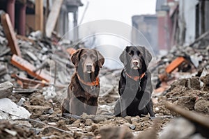 search and rescue dogs sniffing through rubble