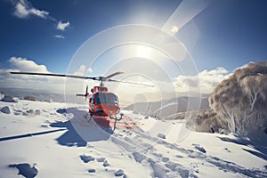Search and rescue operation in mountains. Medical rescue helicopter landing in snowy mountains. Created with Generative