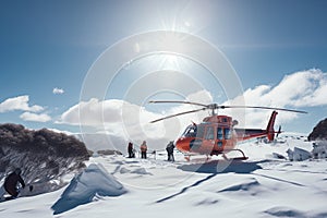 Search and rescue operation in mountains. Medical rescue helicopter landing in snowy mountains. Created with Generative