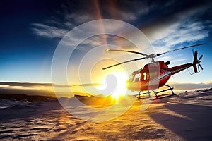 Search and rescue operation in mountains. Medical rescue helicopter landing in snowy mountains. Created with Generative