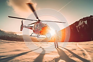 Search and rescue operation in mountains. Medical rescue helicopter landing in snowy mountains. Created with Generative