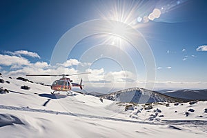 Search and rescue operation in mountains. Medical rescue helicopter landing in snowy mountains. Created with Generative