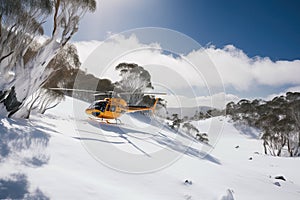 Search and rescue operation in mountains. Medical rescue helicopter landing in snowy mountains. Emergency team. Created