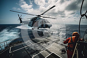 Search and rescue operation in sea. Emergency rescue helicopter flies over sea surface. Generative AI