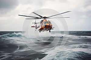 Search and rescue operation in sea. Emergency rescue helicopter flies over sea surface, looking for victims after crash