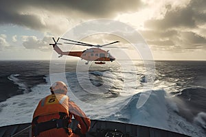 Search and rescue operation in sea. Emergency rescue helicopter flies over sea surface, looking for victims after crash