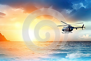 Search and rescue operation in sea. Emergency rescue helicopter flies over sea surface, looking for victims after crash