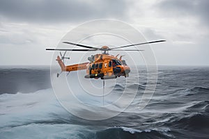 Search and rescue operation in sea. Emergency rescue helicopter flies over sea surface, looking for victims after crash