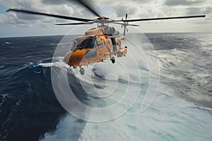 Search and rescue operation in sea. Emergency rescue helicopter flies over sea surface, looking for victims after crash