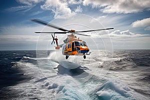 Search and rescue operation in sea. Emergency rescue helicopter flies over sea surface, looking for victims after crash